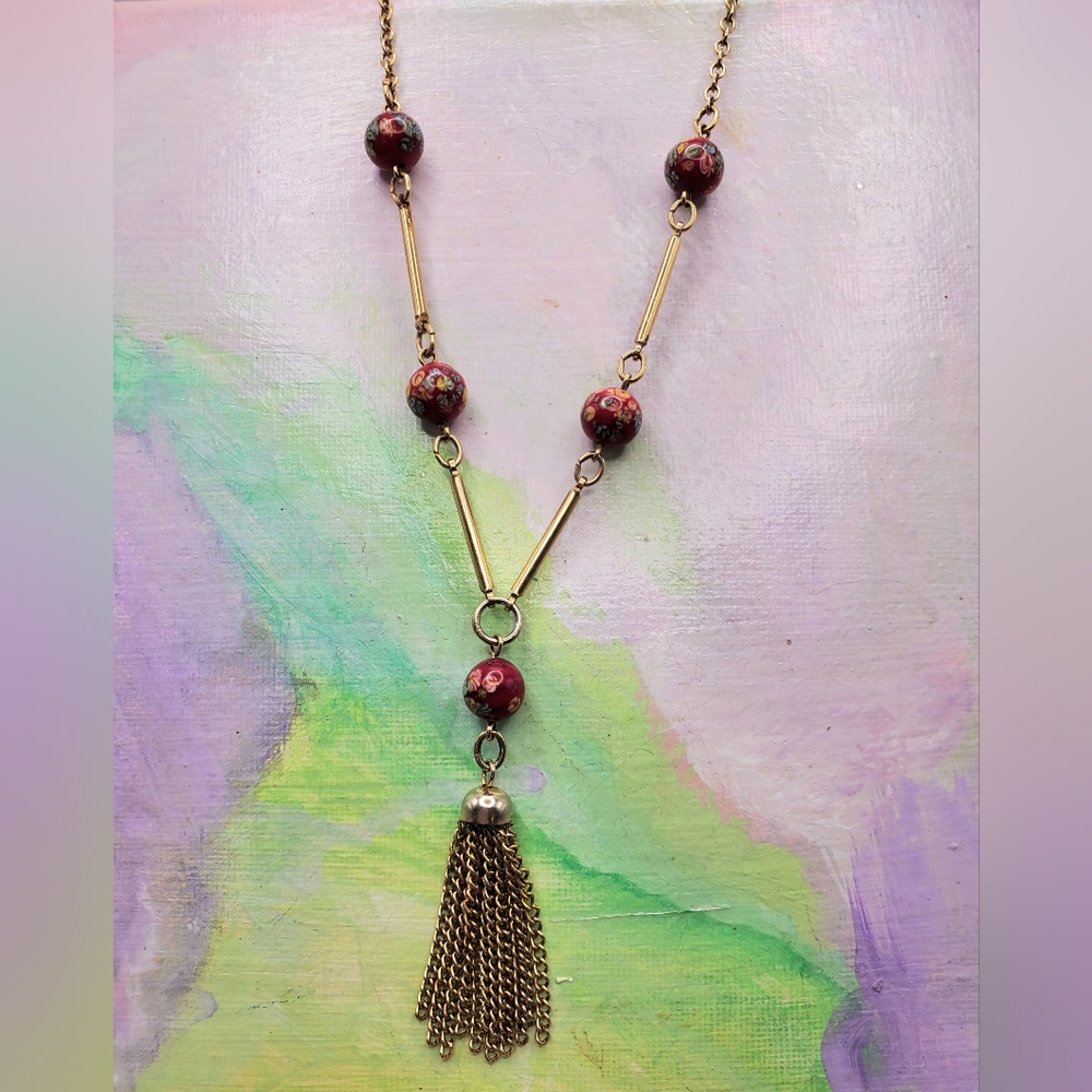 Sarah Coventry Tassel Fringe Necklace Red Enamel Beads